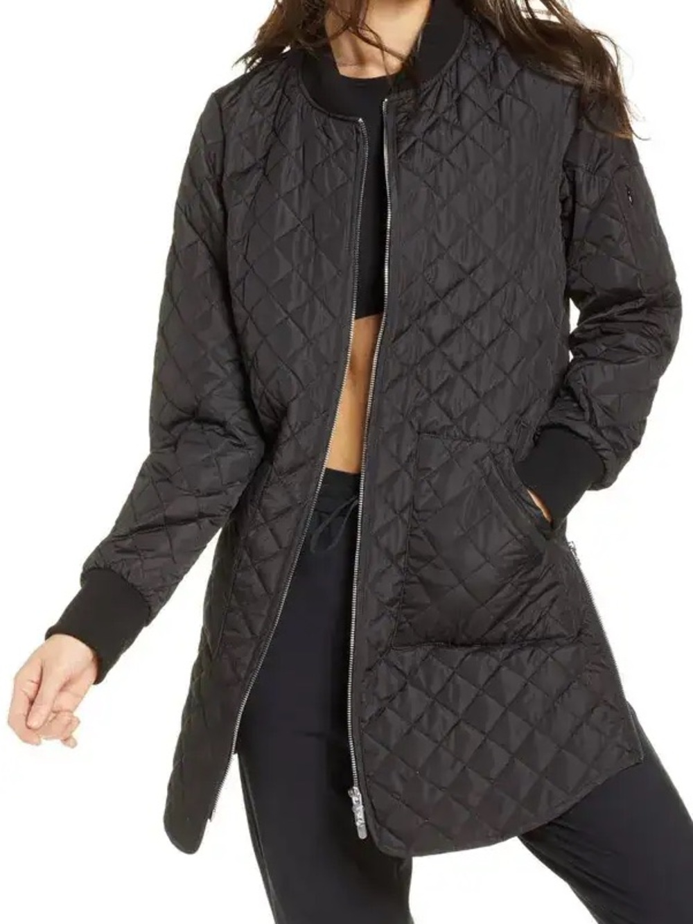 Zella Black Quilted Long line Bomber Jacket - can fit medium women’s